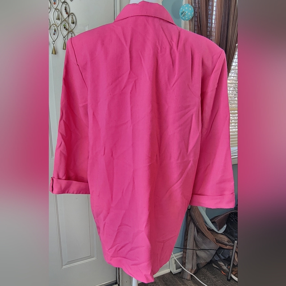 Vintage 80's Oversized Blazer Women's 14 Pink Cropped Sleeve Linen Like w/ Pocke - Picture 3 of 12